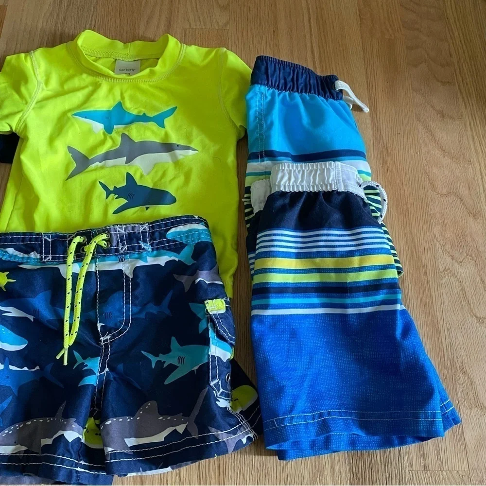 18 mos Boys Swim Bundle Lot Rash Guard Shorts Kids Shark Set - Blue and Green